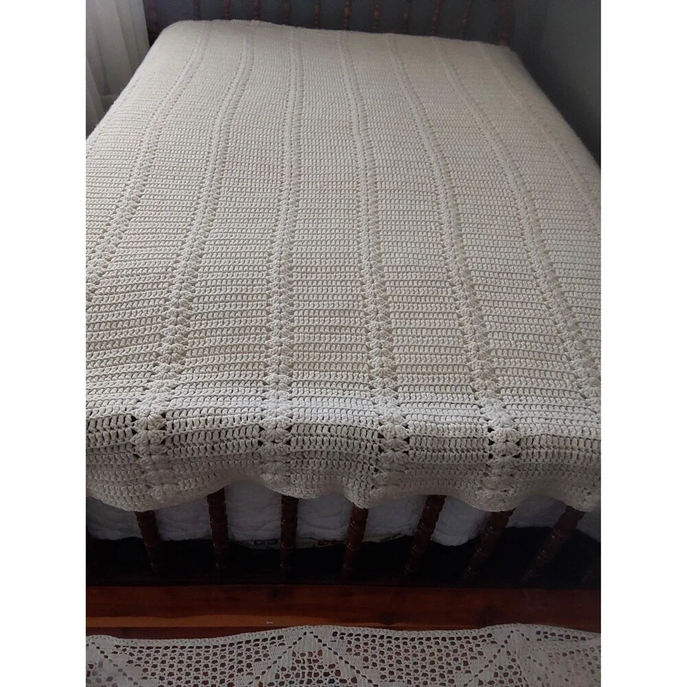 Vintage Hand Crocheted Afghan: Large Beige Throw, Full Size Coverlet